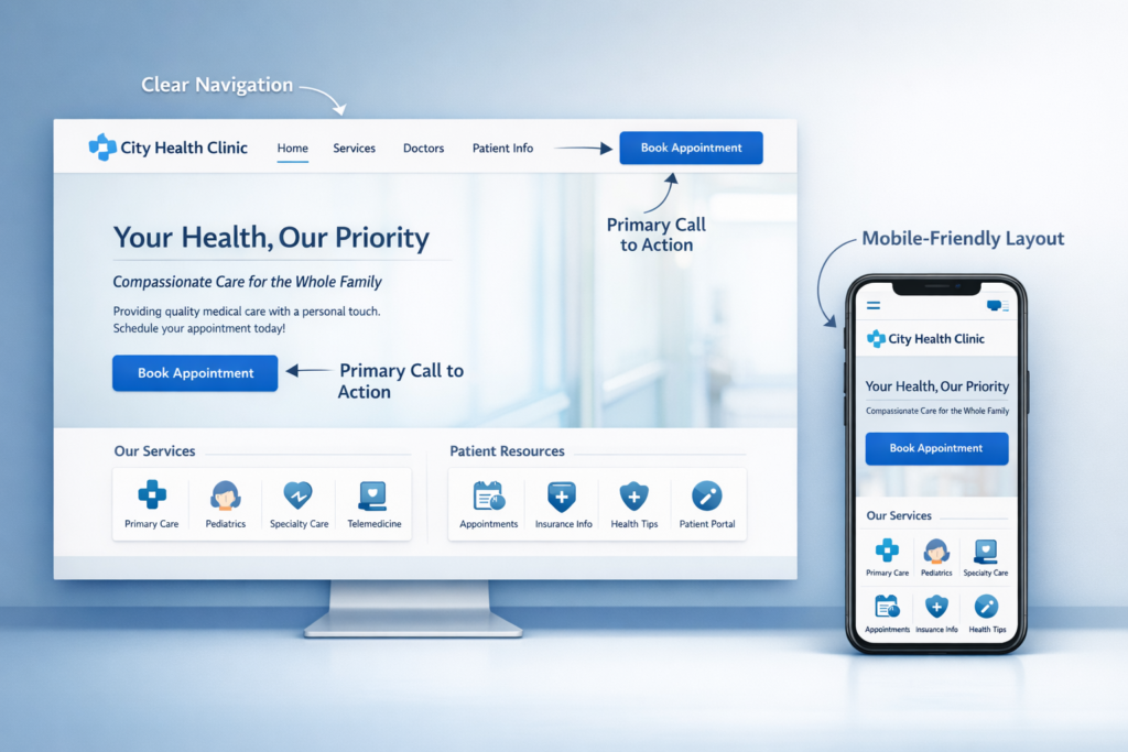 Patient-friendly healthcare website design with clear navigation and booking options
